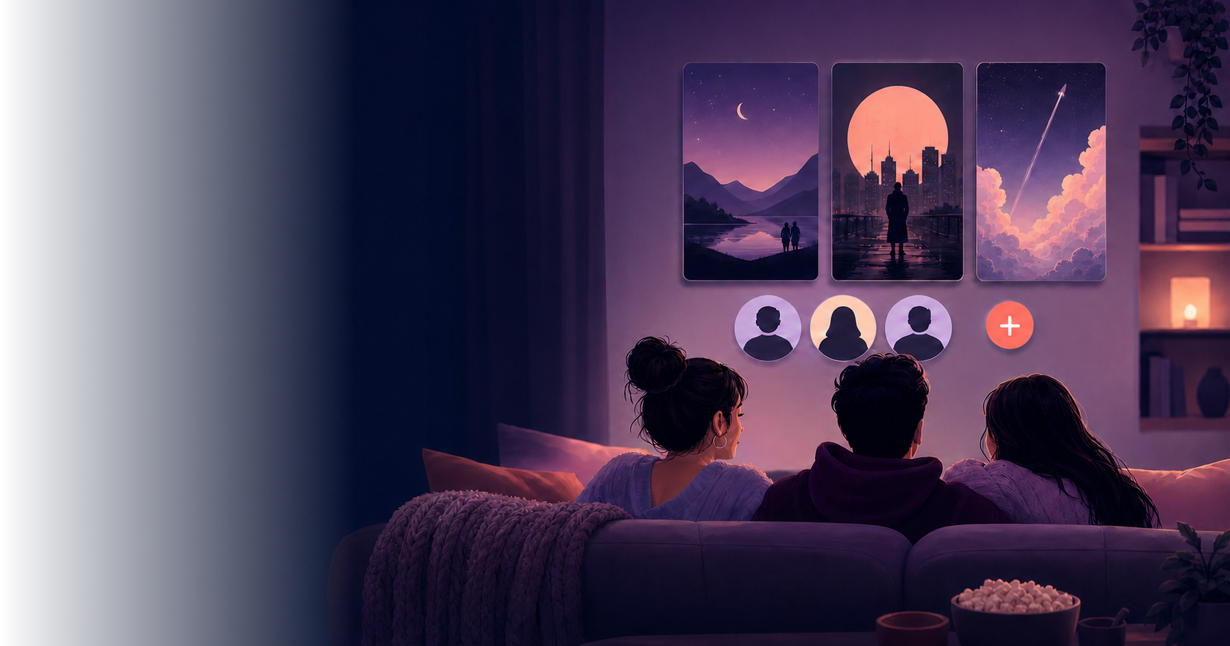 Friends sharing a movie night, picking from a wall of watchlist picks together
